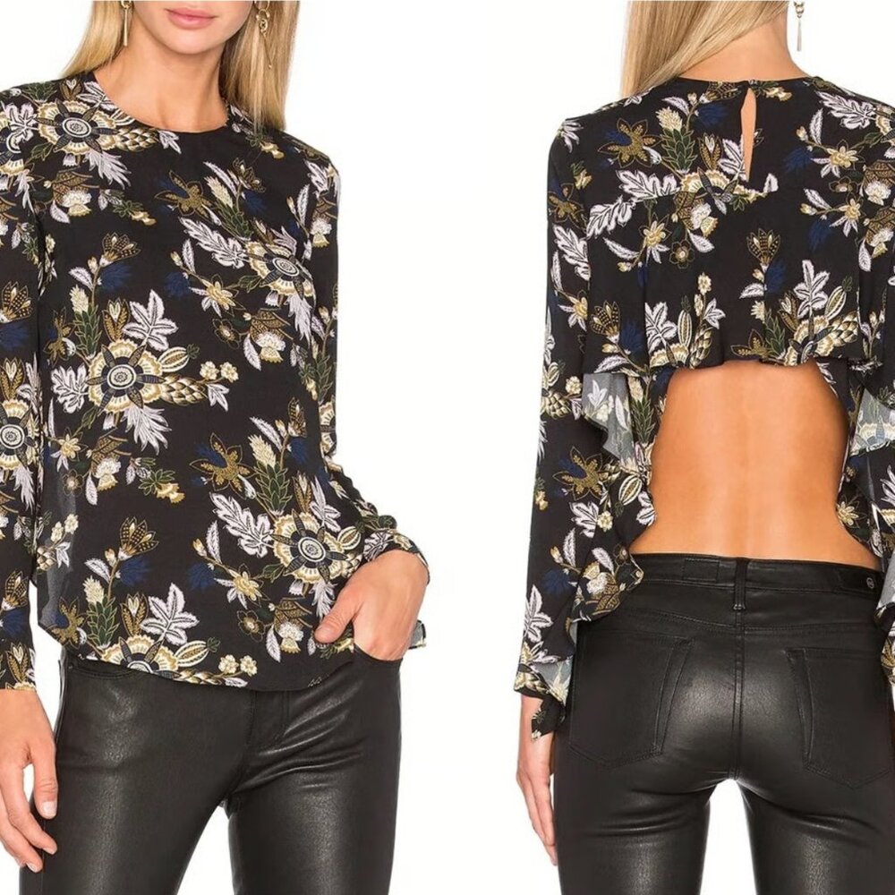 A.L.C. Cooper Silk Open Back Long Sleeve Blouse | Black Floral | Size 4